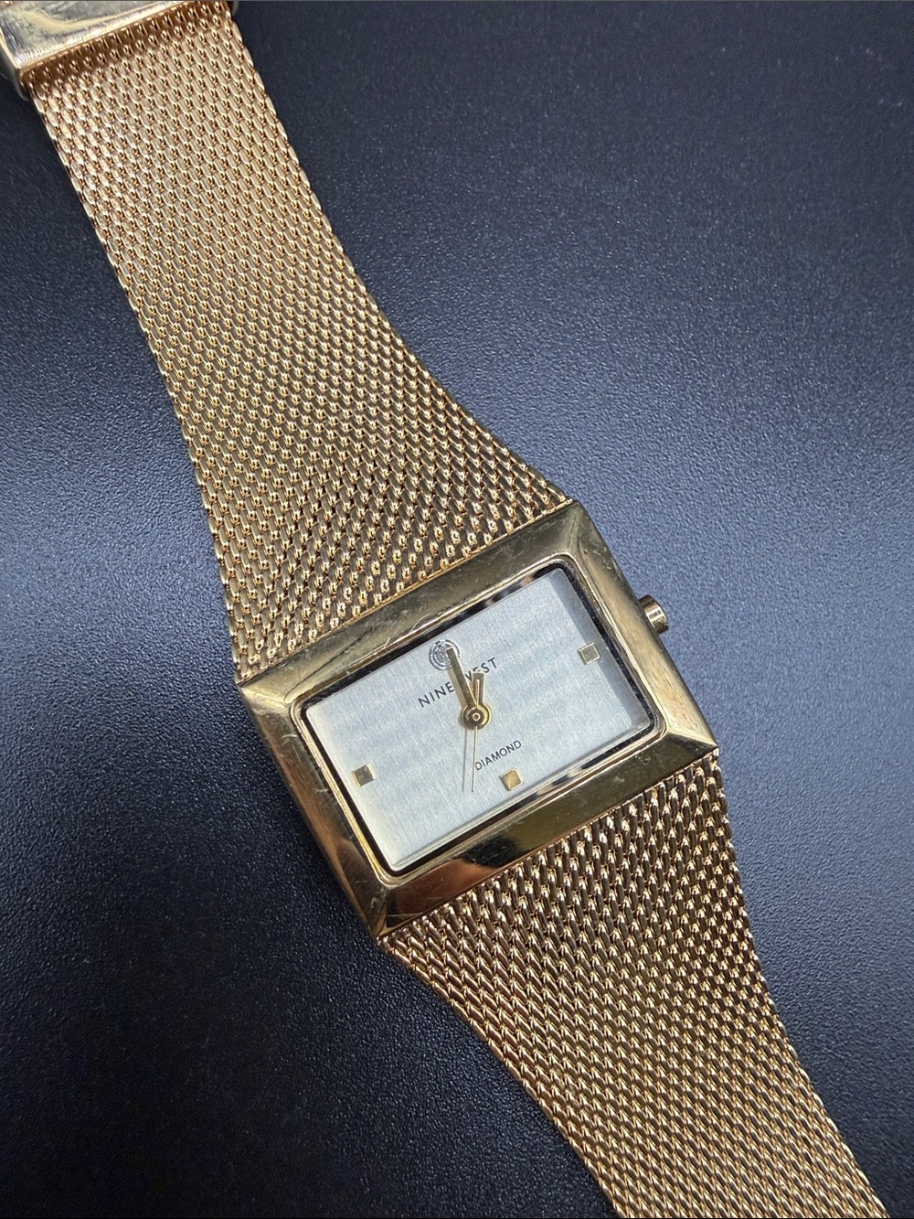 Nine West Gold-Tone Mesh Strap Rectangular Watch with Silver Dial